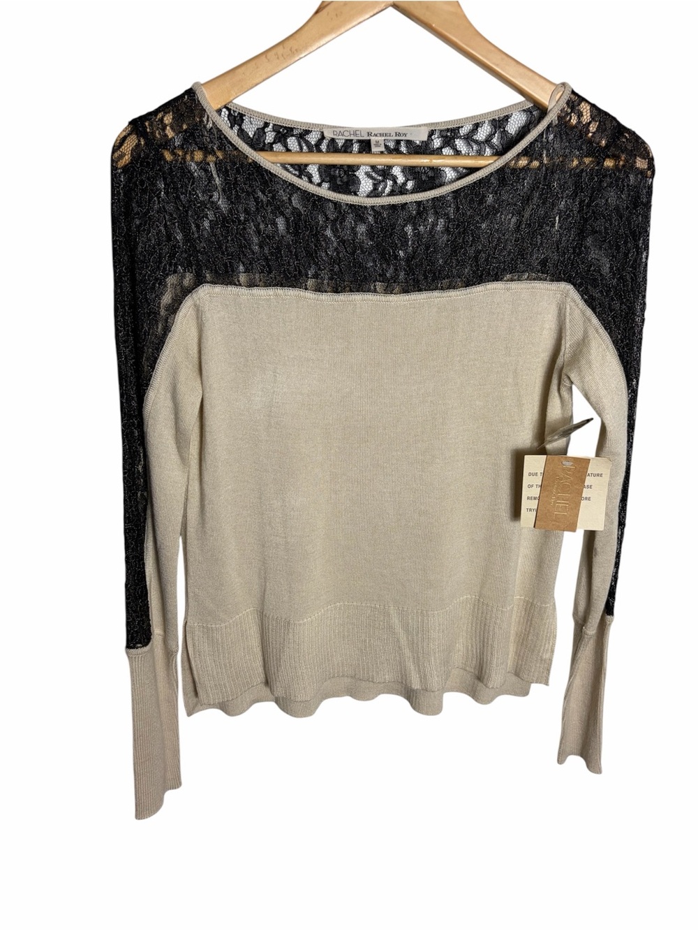 NWT Rachel Roy Shanghai chic dove black lace & cream sweater blouse size M